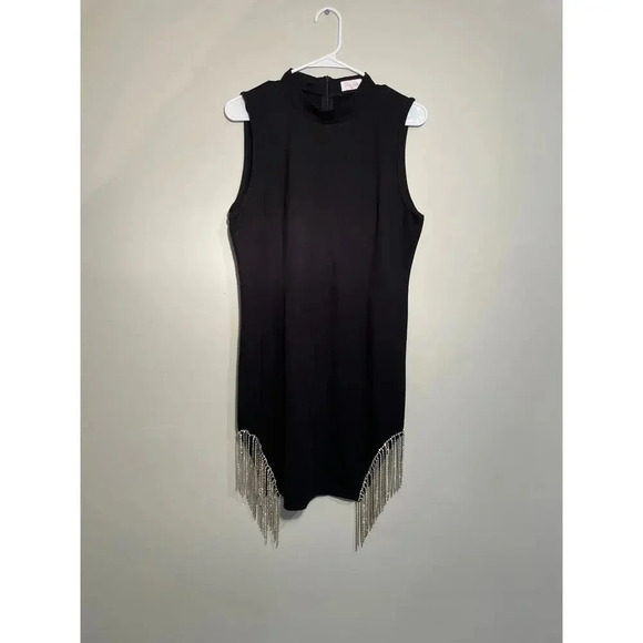 Pink Lily Black Mock Neck Mini Dress with Rhinestone Tassels - Picture 1 of 10